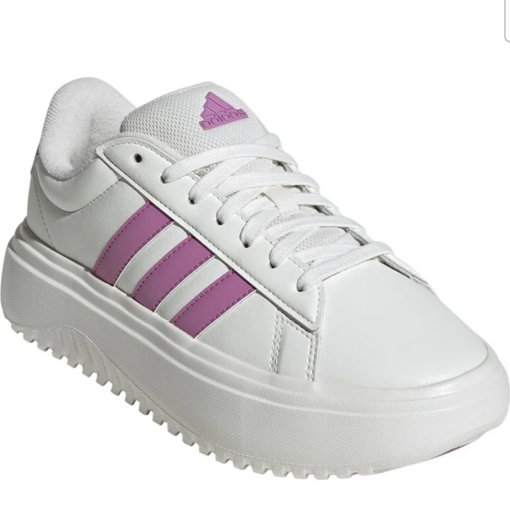 adidas White Platform Sneaker with Pink Stripes - Picture 1 of 8